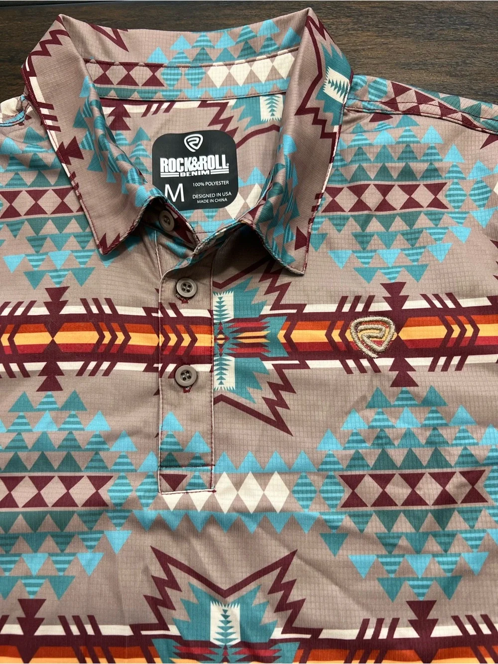 Rock & Roll Denim Aztec Print Polo Shirt Brown Aqua Red S/S Men’s Size Med